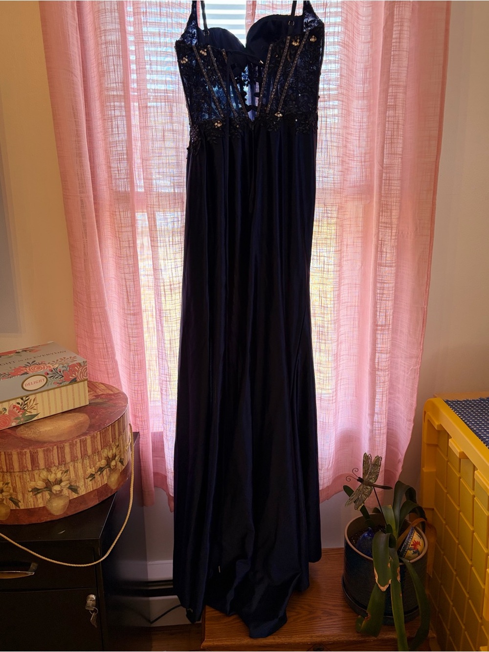 PromGirl Navy Blue Sequin Corset Prom Dress